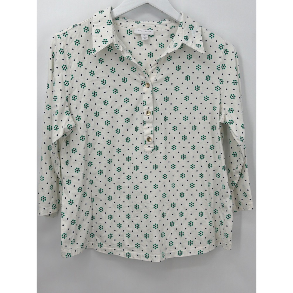 Charter Club Petite Supima Cotton Floral Polka Dot Henley Top White Green‎ PL